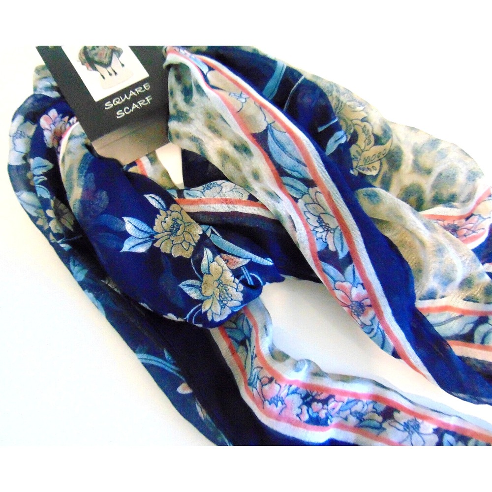 Women's Scarf Blue Multi Floral Square Tasseled Multiple Wear Charlotte Daniel